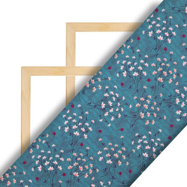 Flowers Design Teal Green Prined Fabric - Image 2