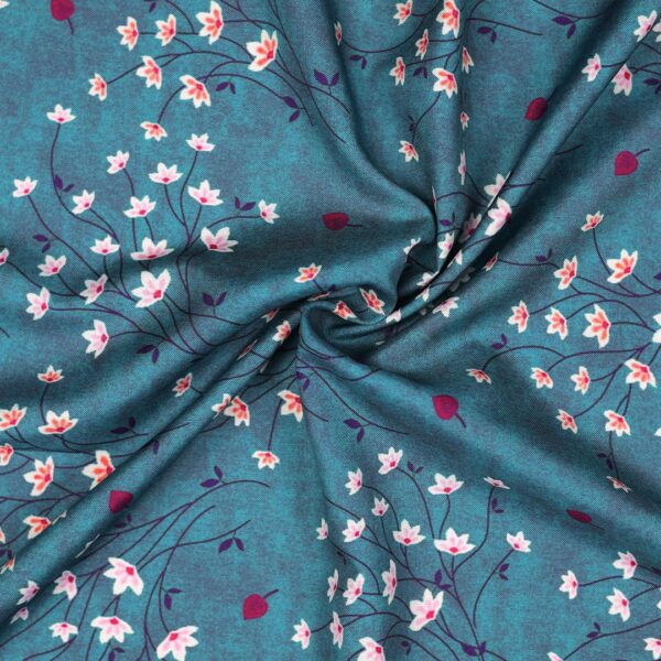 Flowers Design Teal Green Prined Fabric